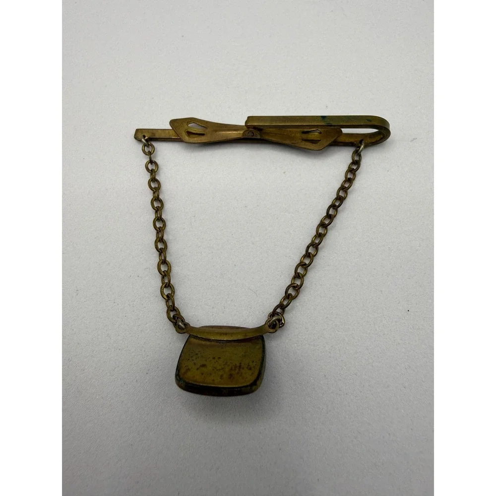 Vintage Brass Tie Bar Blue Cabochon Stone Dangling Chain Mens Accessory